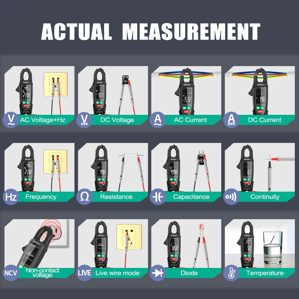 MASTFUYI AC Current Clamp Meter Digital 10000 Count Multimeter Ammeter Voltage Tester Car Amplifier Hz Capacitance NCV Ohm Tool
