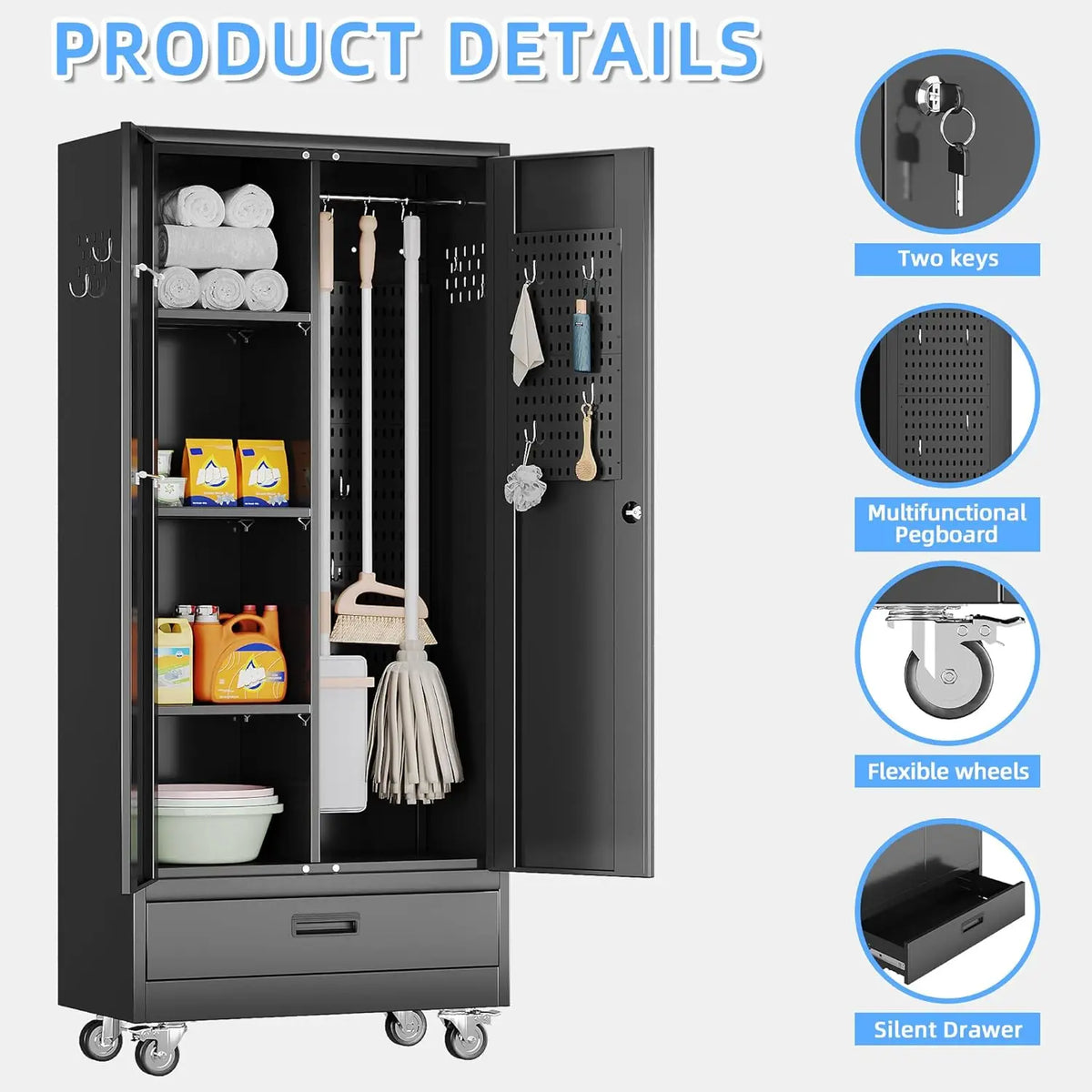 31.5 Inch Wide Metal Garage Storage Cabinet on Wheels with 1 Drawer And 3 Adjustable Shelves Customizable Organization Solution