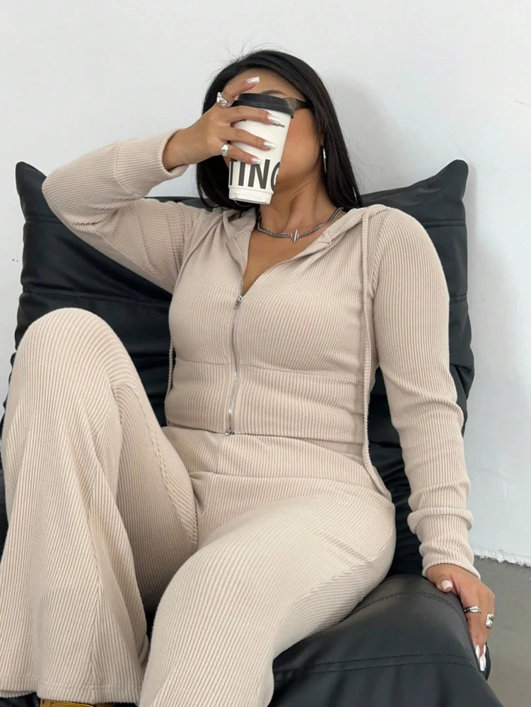 Plus Size Spring Simple Long Sleeve Hooded Top Slim Slim Micro Pants Casual Two Piece Set Casual Commuter
