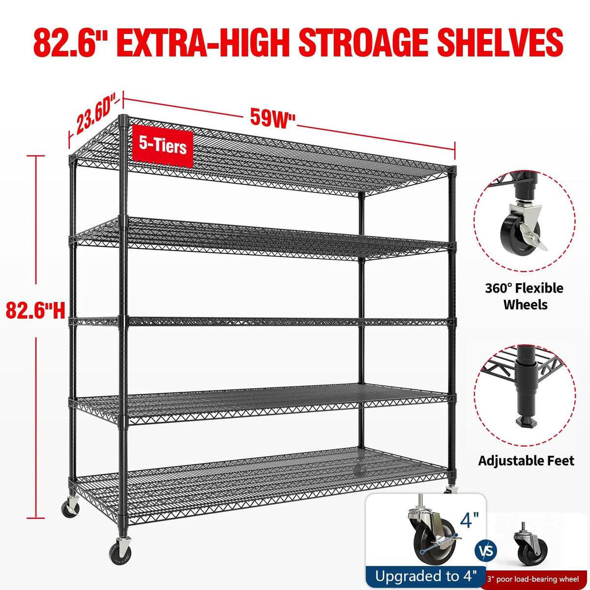 Heavy-Duty Rolling Metal Shelving for Real Storage with Wheels Storage Shelves Metal Shelving Units 5 Tier 2640 lb Capacity