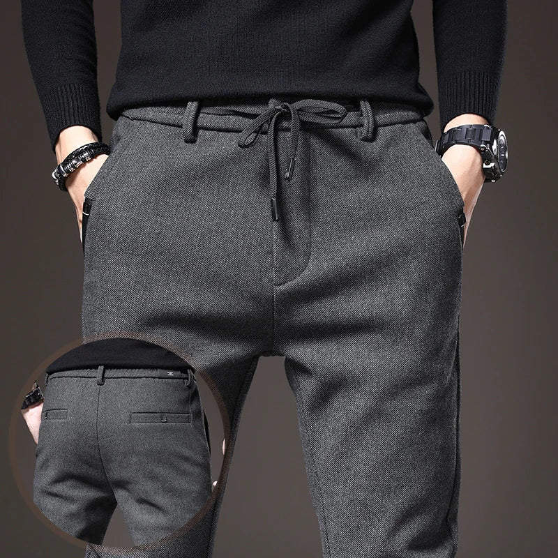 Autumn Winter Men's Casual Pants Solid Color Business Elastic Waist Slim Fit Stretch Thick Gray Black Blue Cotton Trousers Male