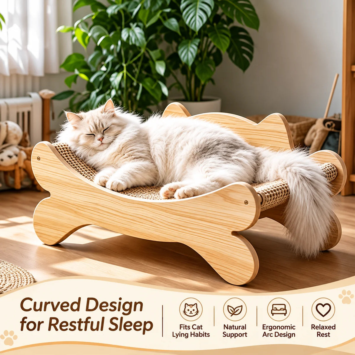 Wooden Cat Scratcher Bed, Modern Curved Cat Lounge with Sisal Scratch Pad, Cozy Cat Sofa Furniture for Indoor Cats