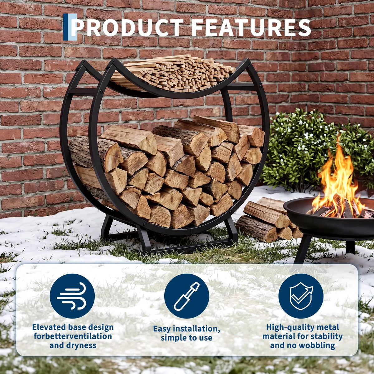 Round Firewood Rack Outdoor Indoor, Heavy Duty Wrought Iron Log Hoop Storage Holder, Circular Metal Wood Stacking Rack for Fireplace Fire Pit Hearth Patio Deck, Easy Tool-Free Setup