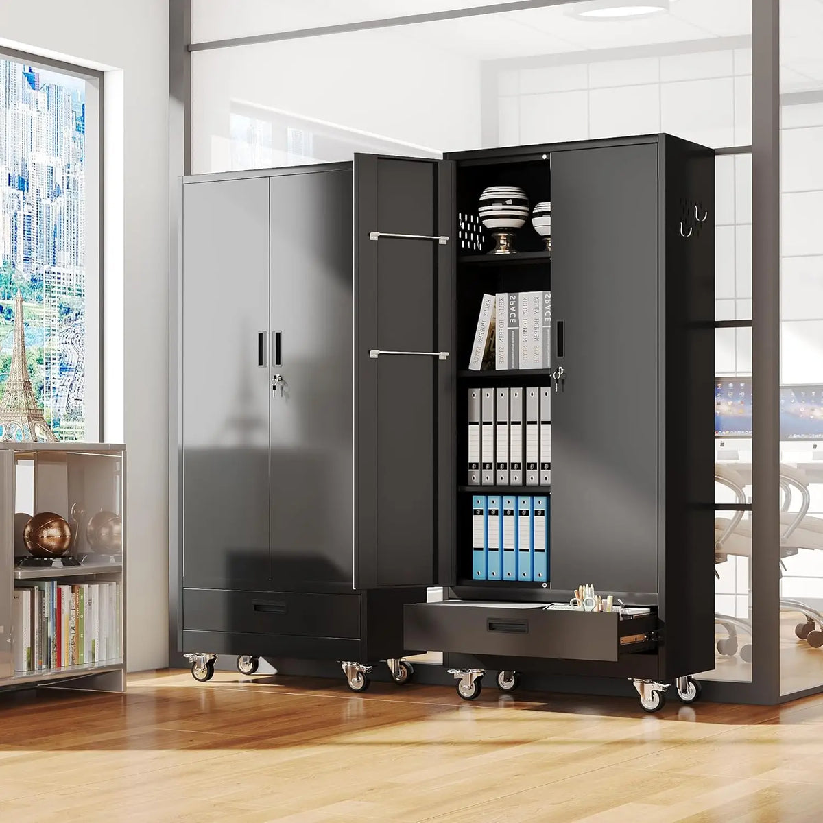 31.5 Inch Wide Metal Garage Storage Cabinet on Wheels with 1 Drawer And 3 Adjustable Shelves Customizable Organization Solution