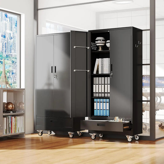 31.5 Inch Wide Metal Garage Storage Cabinet on Wheels with 1 Drawer And 3 Adjustable Shelves Customizable Organization Solution