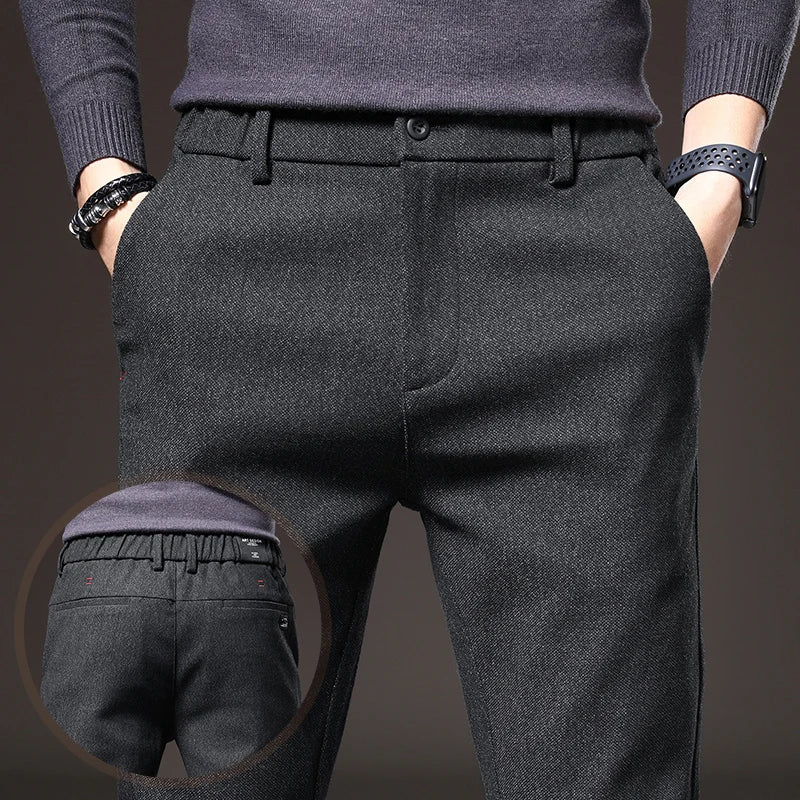 Autumn Winter Men's Casual Pants Solid Color Business Elastic Waist Slim Fit Stretch Thick Gray Black Blue Cotton Trousers Male