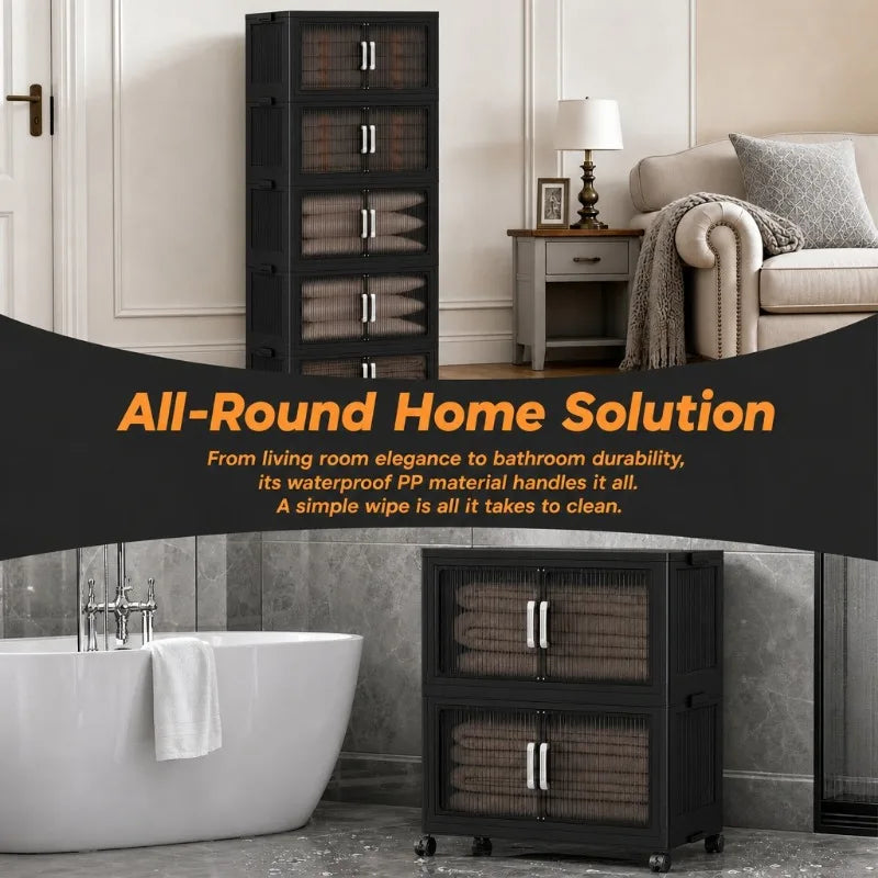 5‑Tier Foldable Plastic Storage Cabinet with Rolling Wheels, Stackable Closet Organizer with Flap Doors, Multifunctional Dust‑Proof Storage Shelf for Bedroom Living‑Room Kitchen