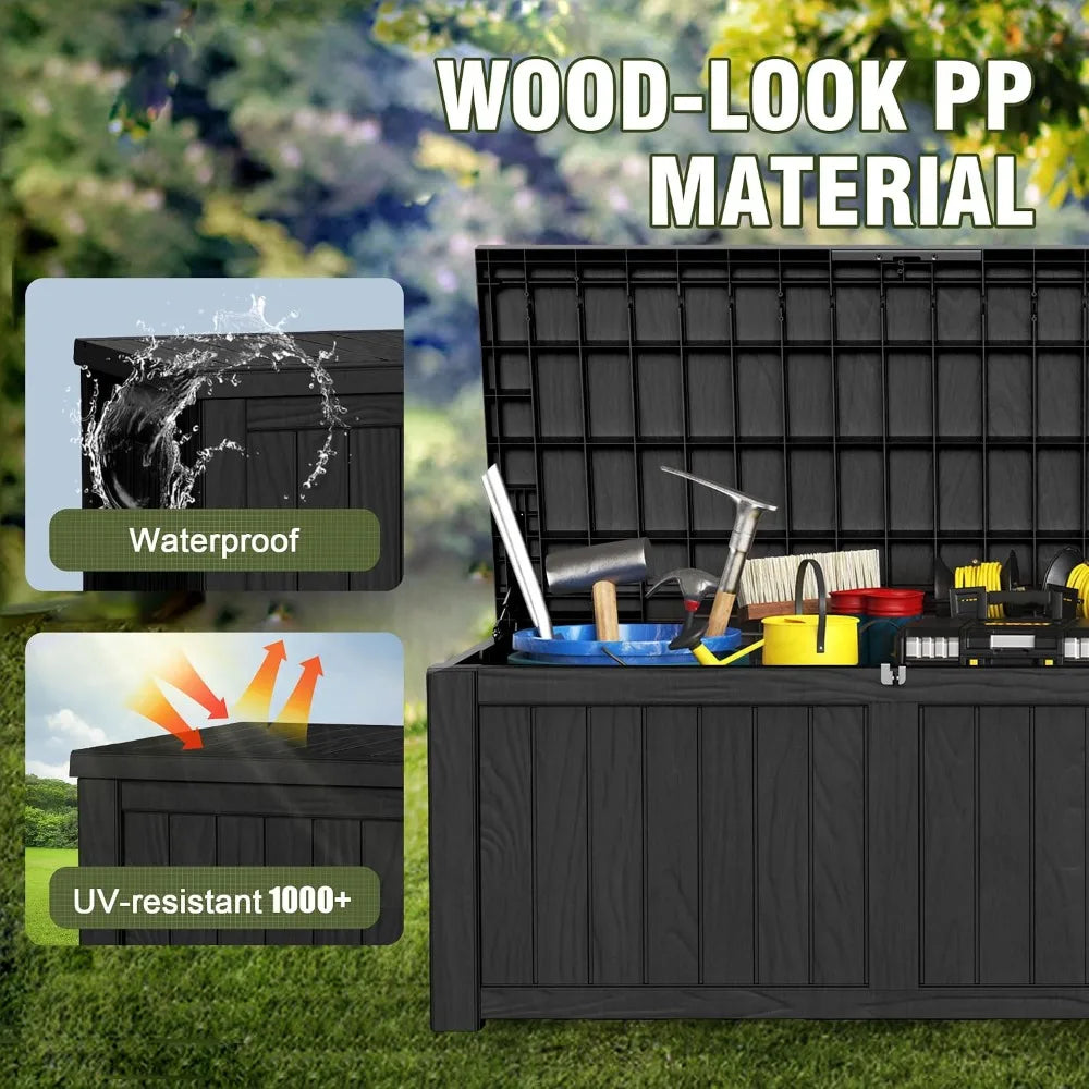 150 Gal Resin Deck Box Outdoor Storage Patio Cushions Garden Tools Black Hydraulic Pistons Weatherproof