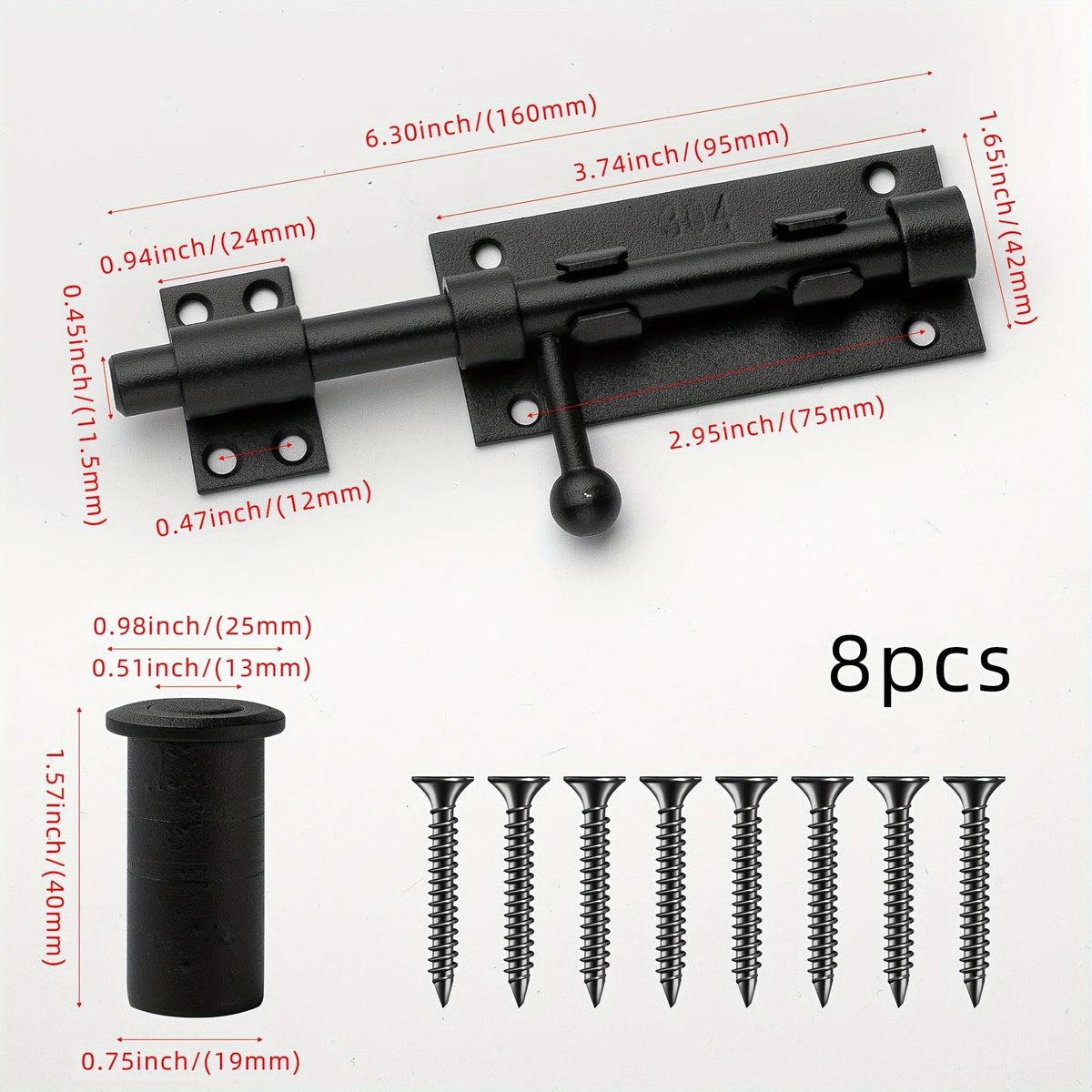 Sliding Bolt Latch Hardware：Cylindrical Bolt Latch，Heavy Solid 304 Stainless Steel，Black Surface，Applicable  Outdoor Latches