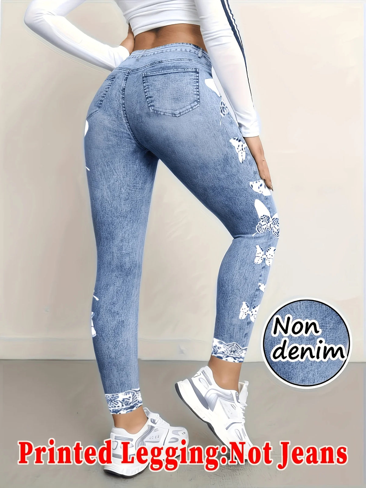 Women Printed Leggings Not Denim Fabric, Fake Pocket & Button Print Design Pants, High Elastic Fashion Slim Fit Skinny Casual