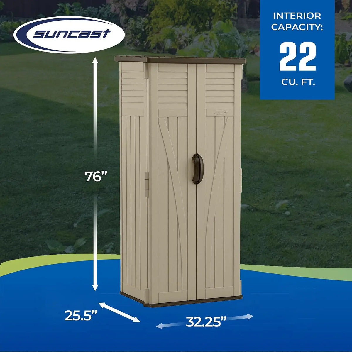 Vertical Shed, Compact Outdoor Storage System, 22 Cu. Ft. Capacity, Sand & Mustang - Lockable Multi-Wall Resin, Custom
