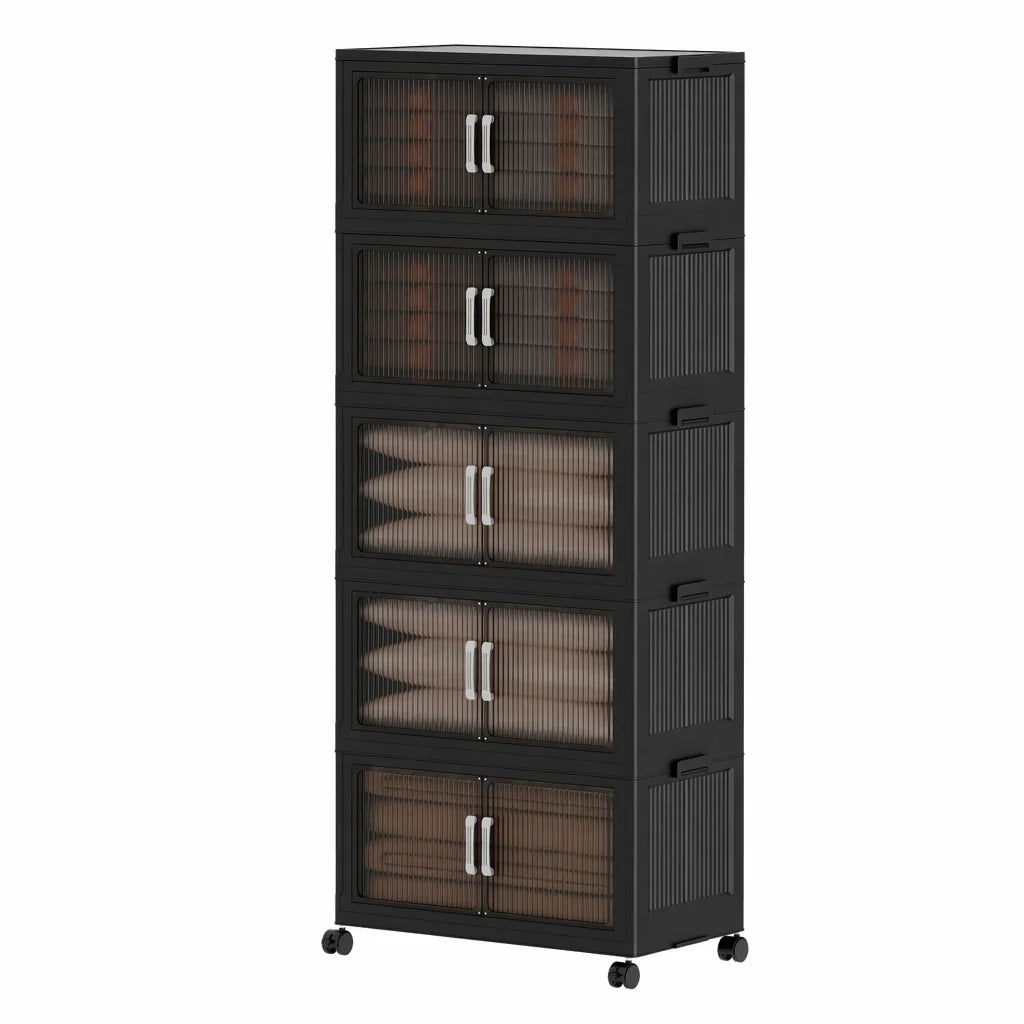 5‑Tier Foldable Plastic Storage Cabinet with Rolling Wheels, Stackable Closet Organizer with Flap Doors, Multifunctional Dust‑Proof Storage Shelf for Bedroom Living‑Room Kitchen