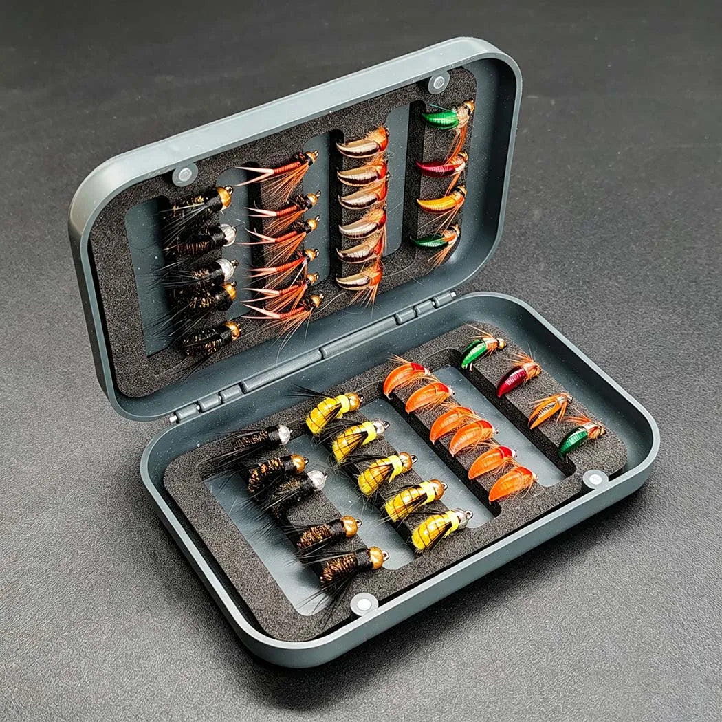 Fly Fishing Flies Kit, 2Boxes Bundle(Total 64Pcs Flies) Dry and Wet Flies, Nymphs, for Trout Bass Salmon with Flies Box