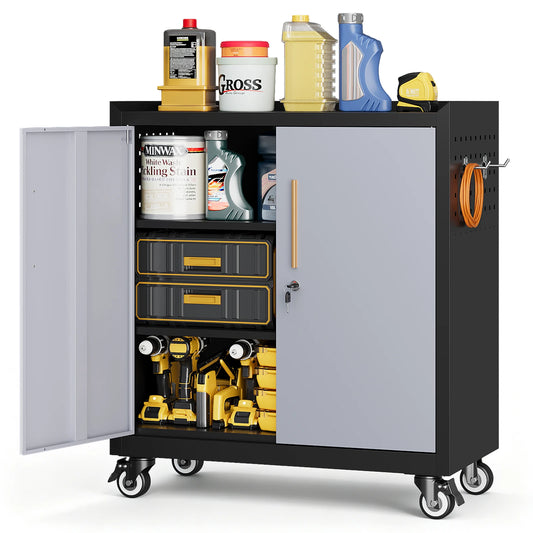 Mobile metal storage cabinet with wheels,34”h cabinet with locking doors and 2 adjustable shelves for home office Warehouse,black gray