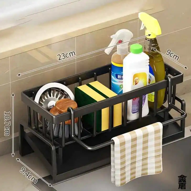 Black Thickened Metal Kitchen Sink Organizer with Drain Tray Rustproof Sponge Brush Soap Caddy Space Saving for Kitchen Bathroom