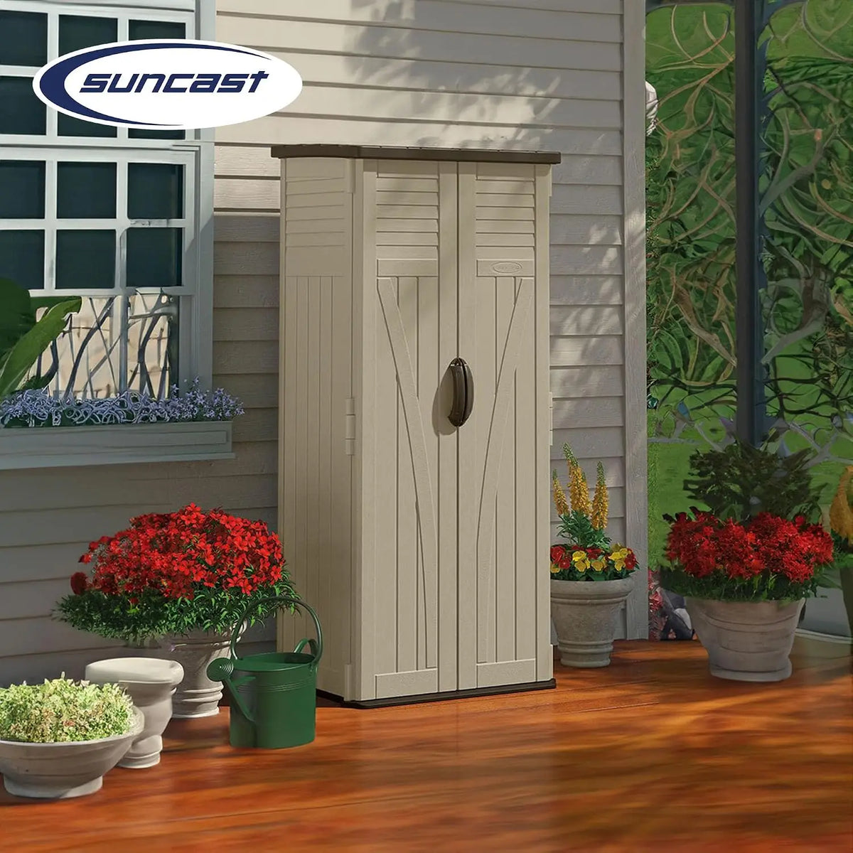 Vertical Shed, Compact Outdoor Storage System, 22 Cu. Ft. Capacity, Sand & Mustang - Lockable Multi-Wall Resin, Custom