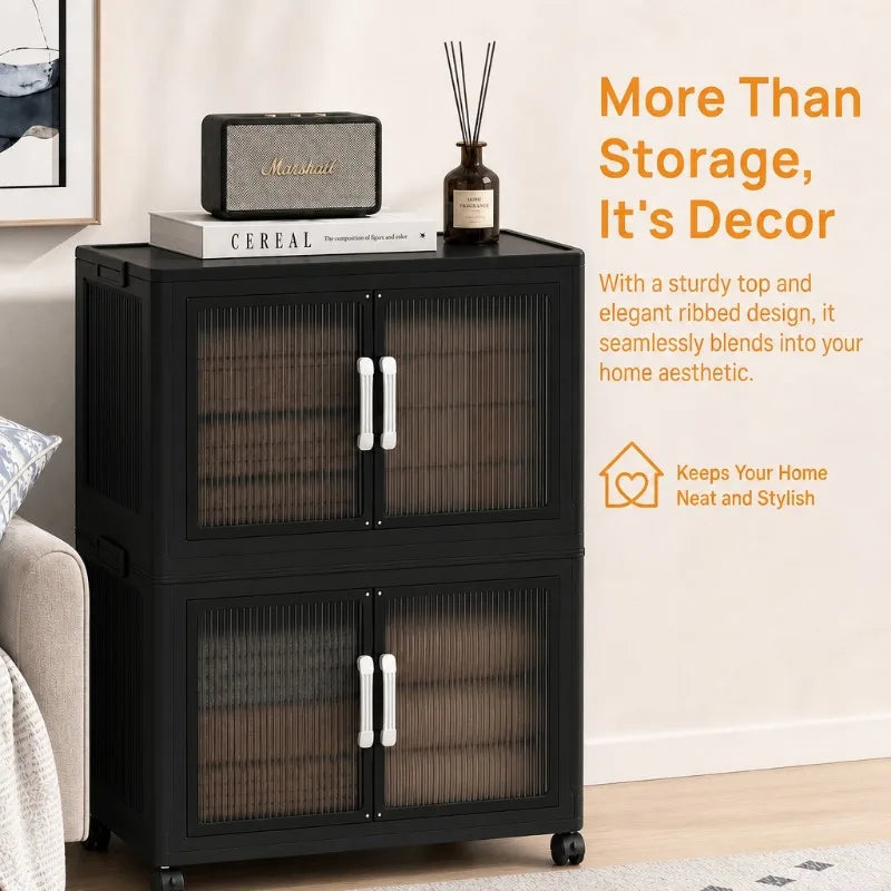 5‑Tier Foldable Plastic Storage Cabinet with Rolling Wheels, Stackable Closet Organizer with Flap Doors, Multifunctional Dust‑Proof Storage Shelf for Bedroom Living‑Room Kitchen