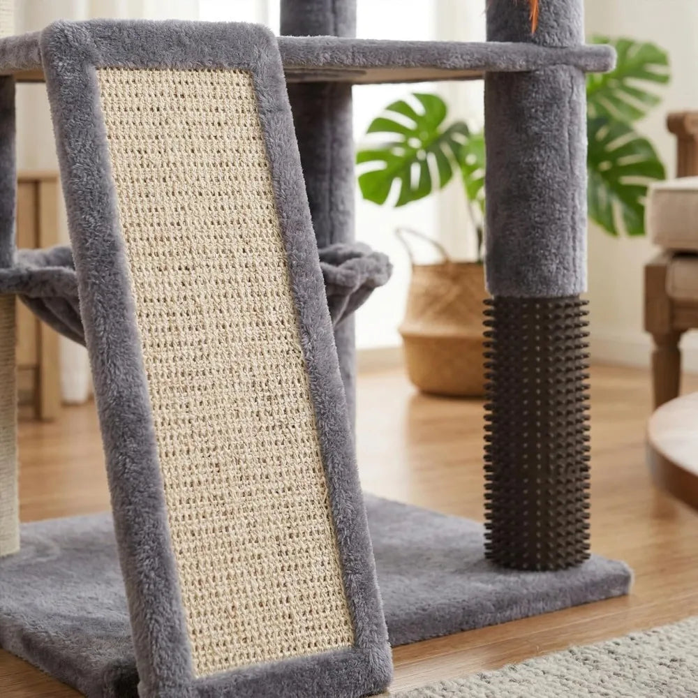 Multi Level Cat Tree Tower with Large Hammock Self Grooming Brush Scratch Ladder and Posts for Indoor Climbing Activity