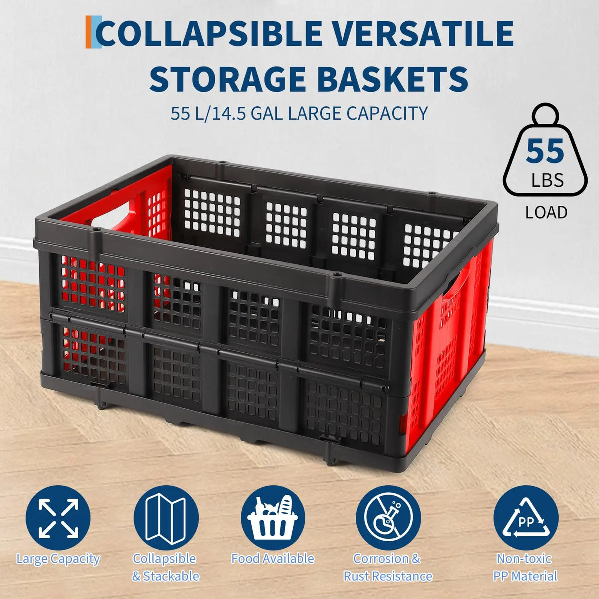 55L Collapsible Plastic Storage Crate, Heavy Duty Stackable Folding Milk Crate With Handles For Car Grocery Moving Camping Garage