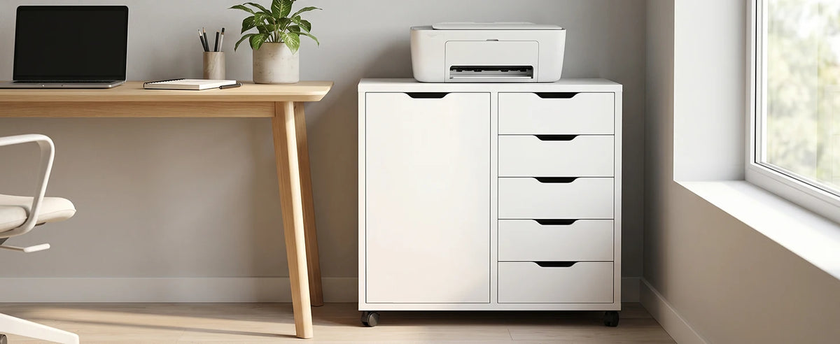 5 Drawer Wood Cabinet File Storage Cabinet with Adjustable Shelf Wheels Mobile Printer Stand for Home Office Study Room White