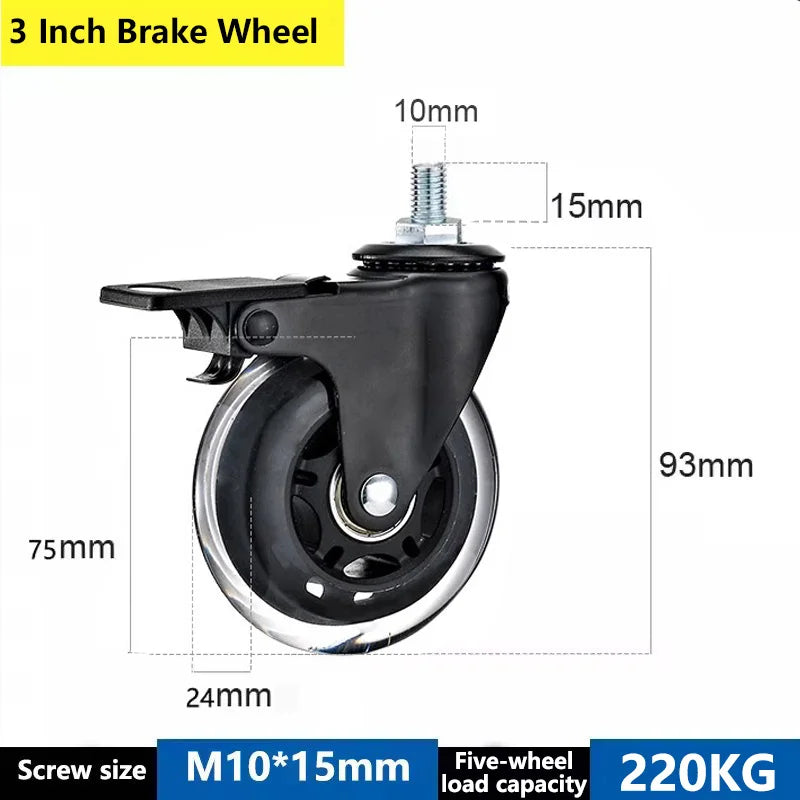 5PCS 3" Universal/Brake Mute PU Caster Wheels M8/M10/M12 for Furniture, Scooter, Cart - Electrophoresis Ice Wheel