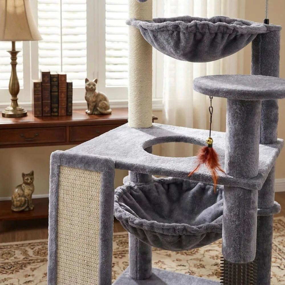Multi Level Cat Tree Tower with Large Hammock Self Grooming Brush Scratch Ladder and Posts for Indoor Climbing Activity