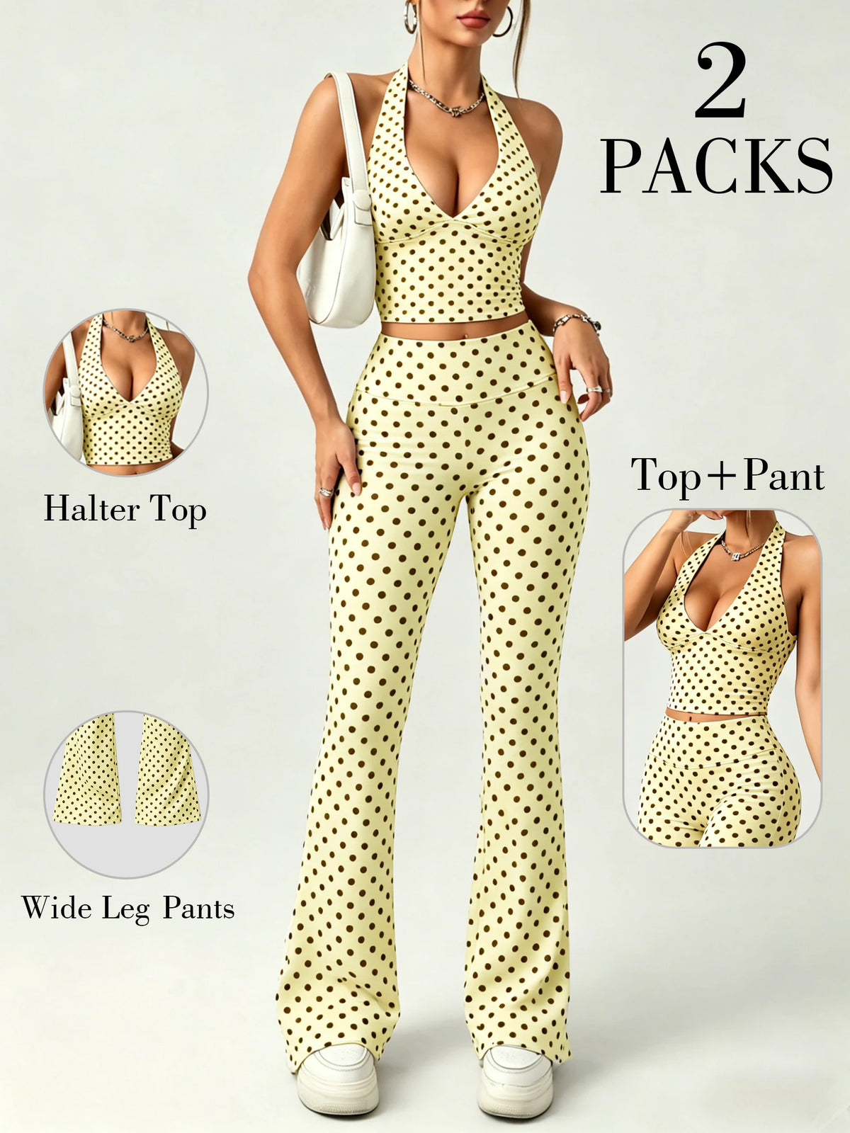 2Packs Women Y2K Polka Dot Matching Set Halter V Neck Crop Top High Waist Flare Pants Lounge Party Outfit