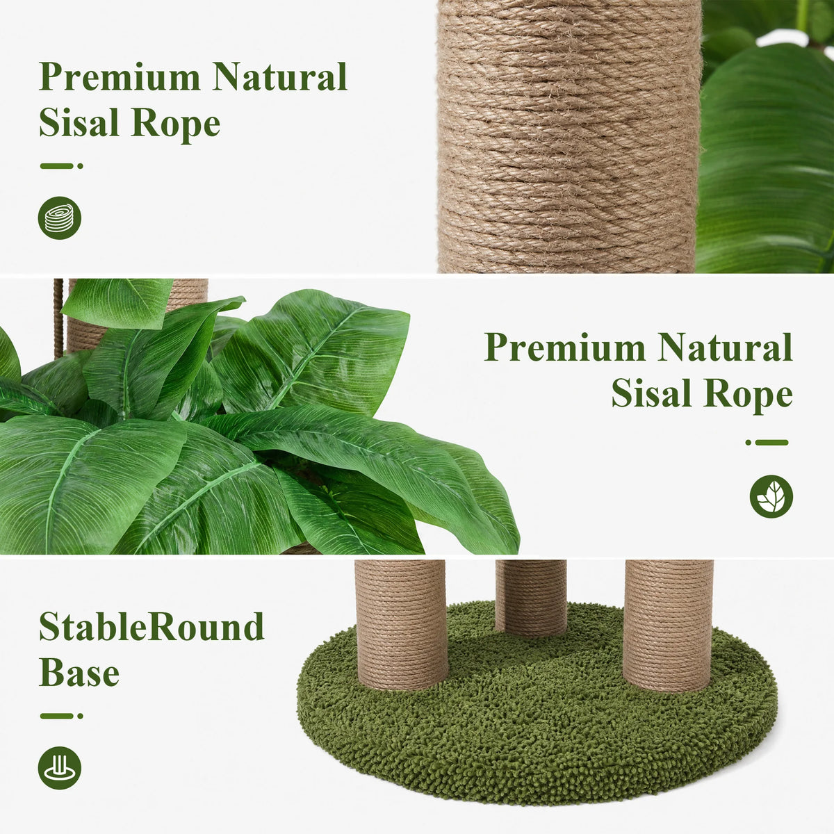 31.5 Exotic Cat Tree Scratching Post With 3 Sisal Poles Canna Leaf Design Weighted Base And Dangling Toy Decorative Indoor Cat Furniture For Kittens And Adult Cats