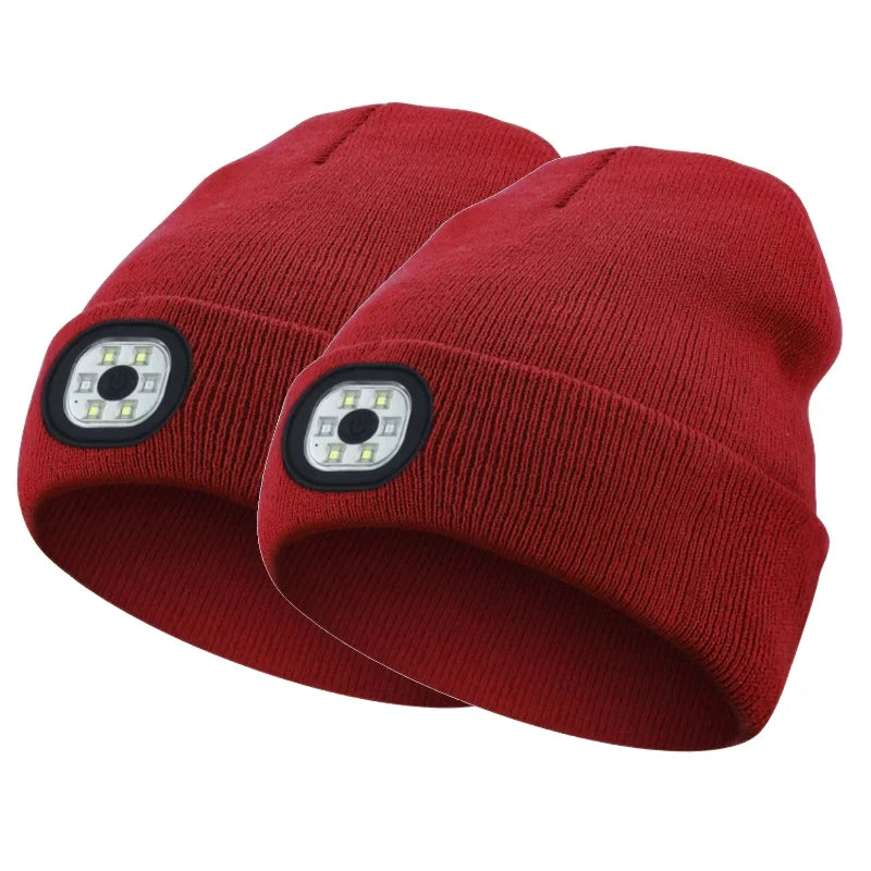 Unisex LED-Lit Knit Beanie USB-Rechargeable 4-Light LED Headlamp Winter Cap with Flashlight Function for Nighttime Activities like Walking Running Cycling Hiking Camping
