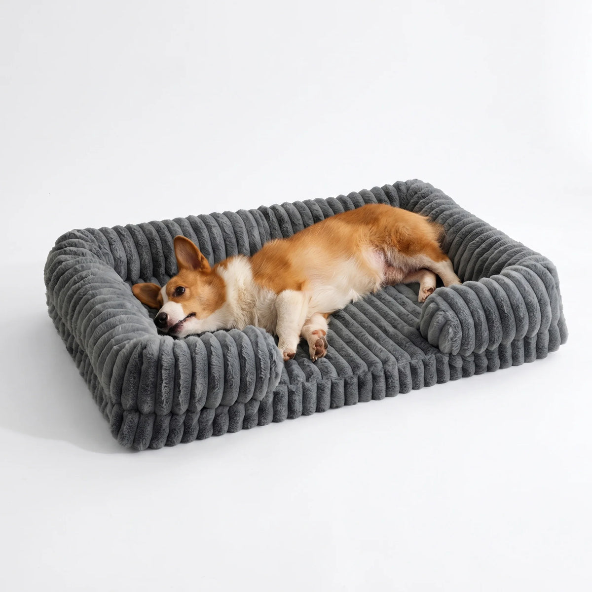 Striped Bolster Dog Bed, Rectangle Soft Calming Pet Bed with Raised Sides, Cozy Fluffy Dog Sleeping Bed for Medium Large Dogs