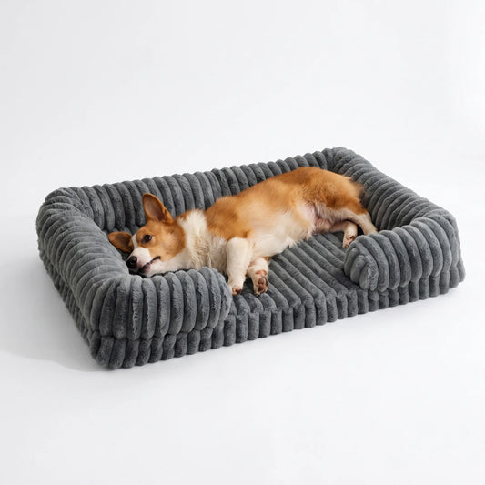 Striped Bolster Dog Bed, Rectangle Soft Calming Pet Bed with Raised Sides, Cozy Fluffy Dog Sleeping Bed for Medium Large Dogs