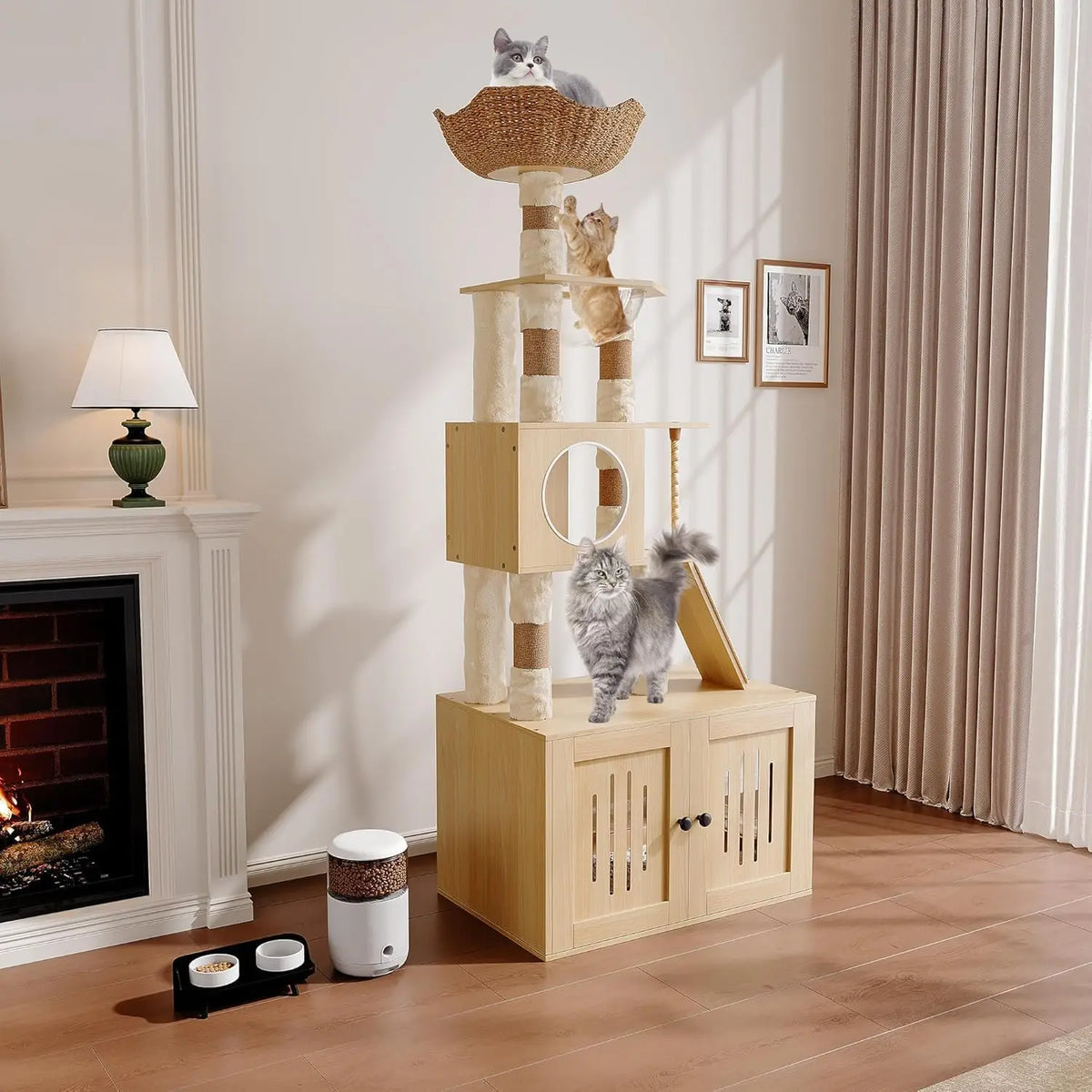 66.9-Inch Tall Cat Tree with Litter Box Enclosure, Cat Condo, Multi-Level Perches & Scratching Posts for Cats