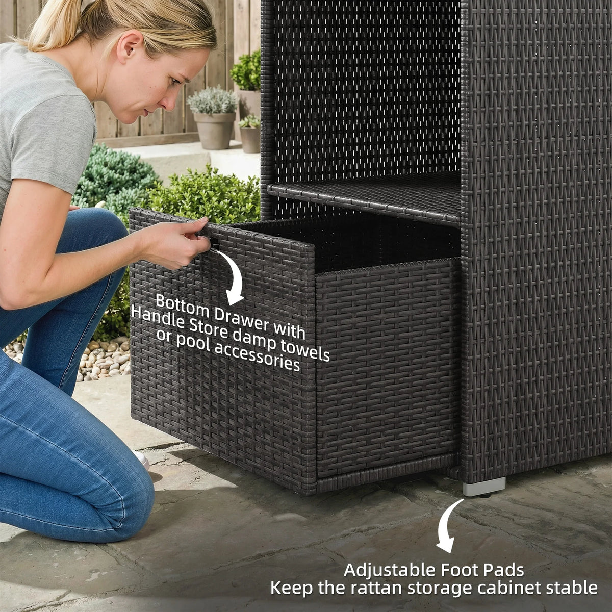 Outsunny PE Rattan Pool Towel Rack Basket with 2 Storage Shelves for Outdoor Garden Beach House