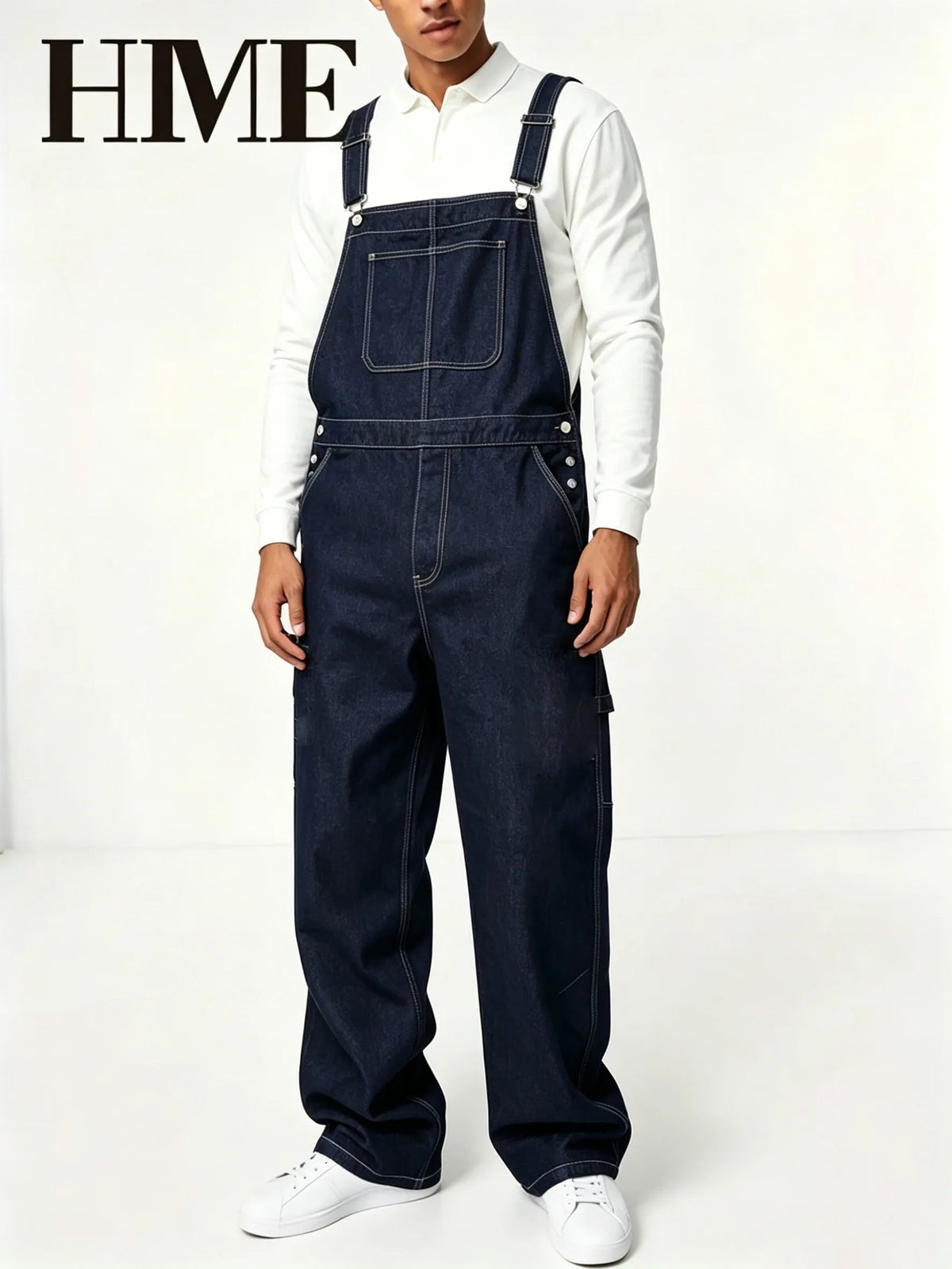 【HME】Men's Jeans | American Workwear Style Denim Overalls Pants Match Polo Shirts, Tees and Sweatshirts Perfectly, Versatile Design Fits Daily Outings and Retro Styling, Timeless Dark Wash Tone Creates Layered Looks Acros