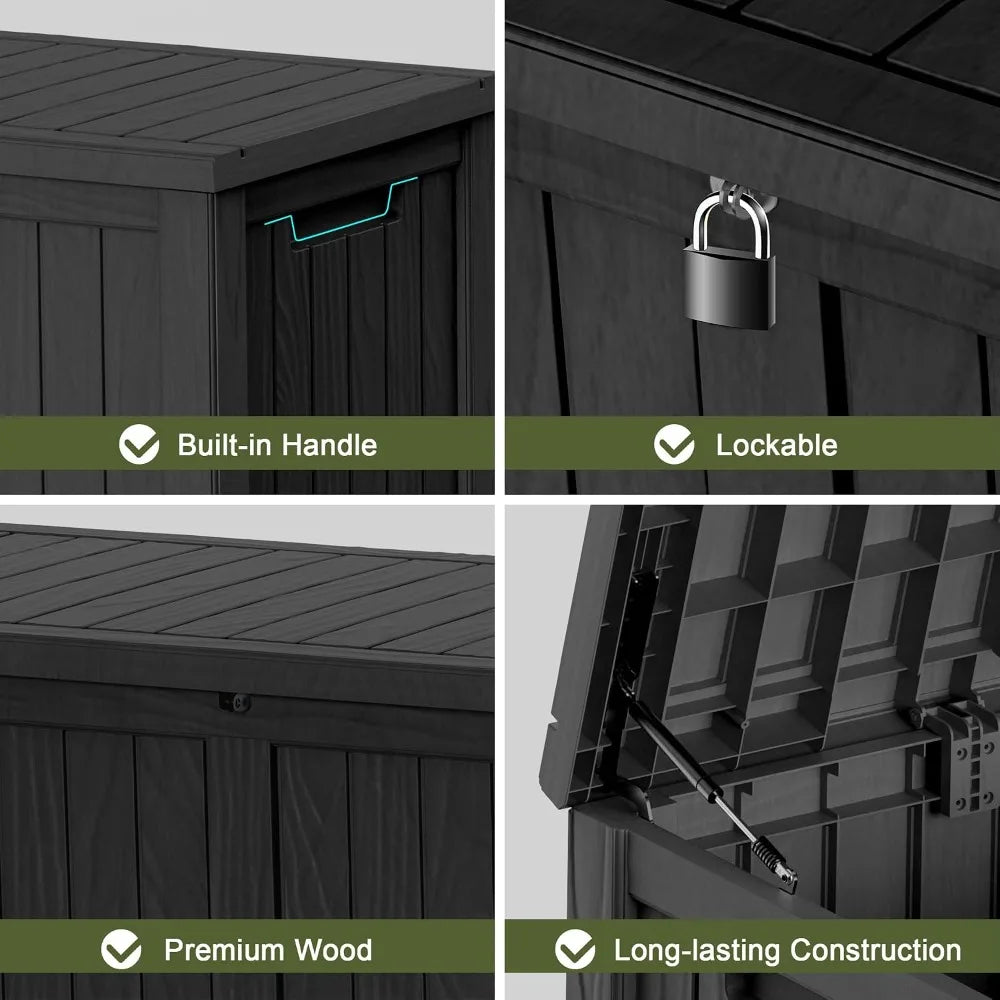 150 Gal Resin Deck Box Outdoor Storage Patio Cushions Garden Tools Black Hydraulic Pistons Weatherproof
