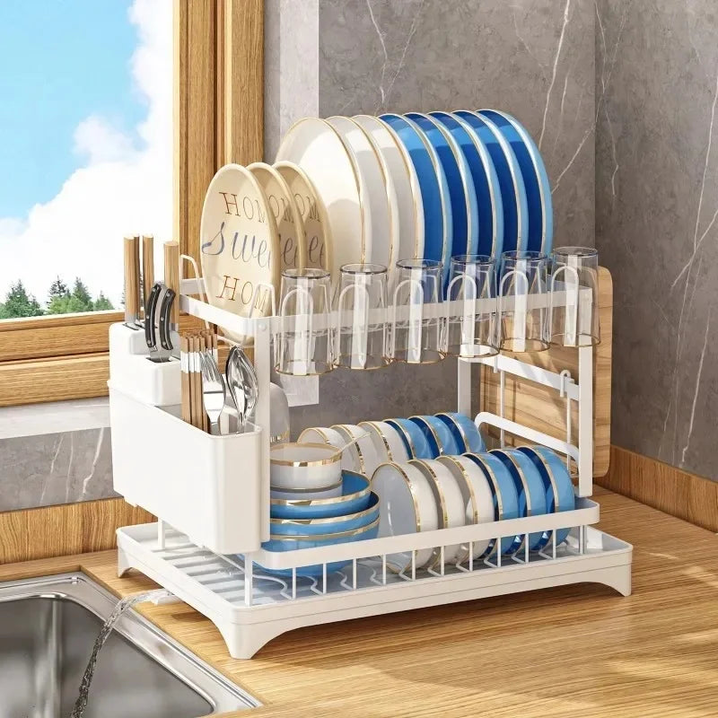 Double‑Layer Large‑Capacity Dish Drain Rack with Water Guide Plate Kitchen Countertop Bowl Cup Tableware Storage Organizer
